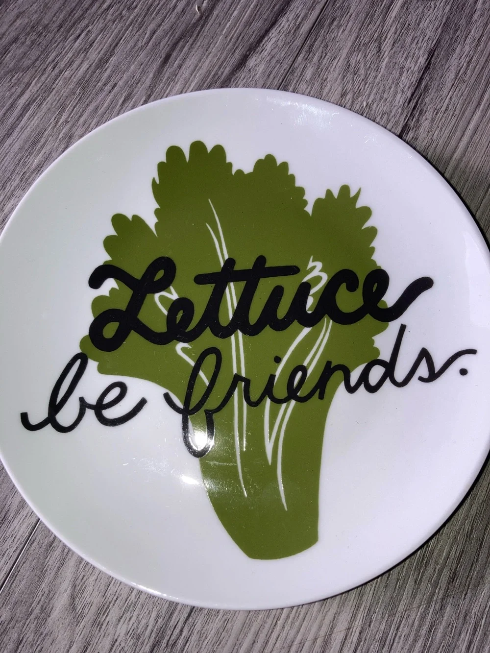 CRATE & BARREL “Lettuce Be Friends” Round Ceramic Appetizer Plate 6.75 inches
